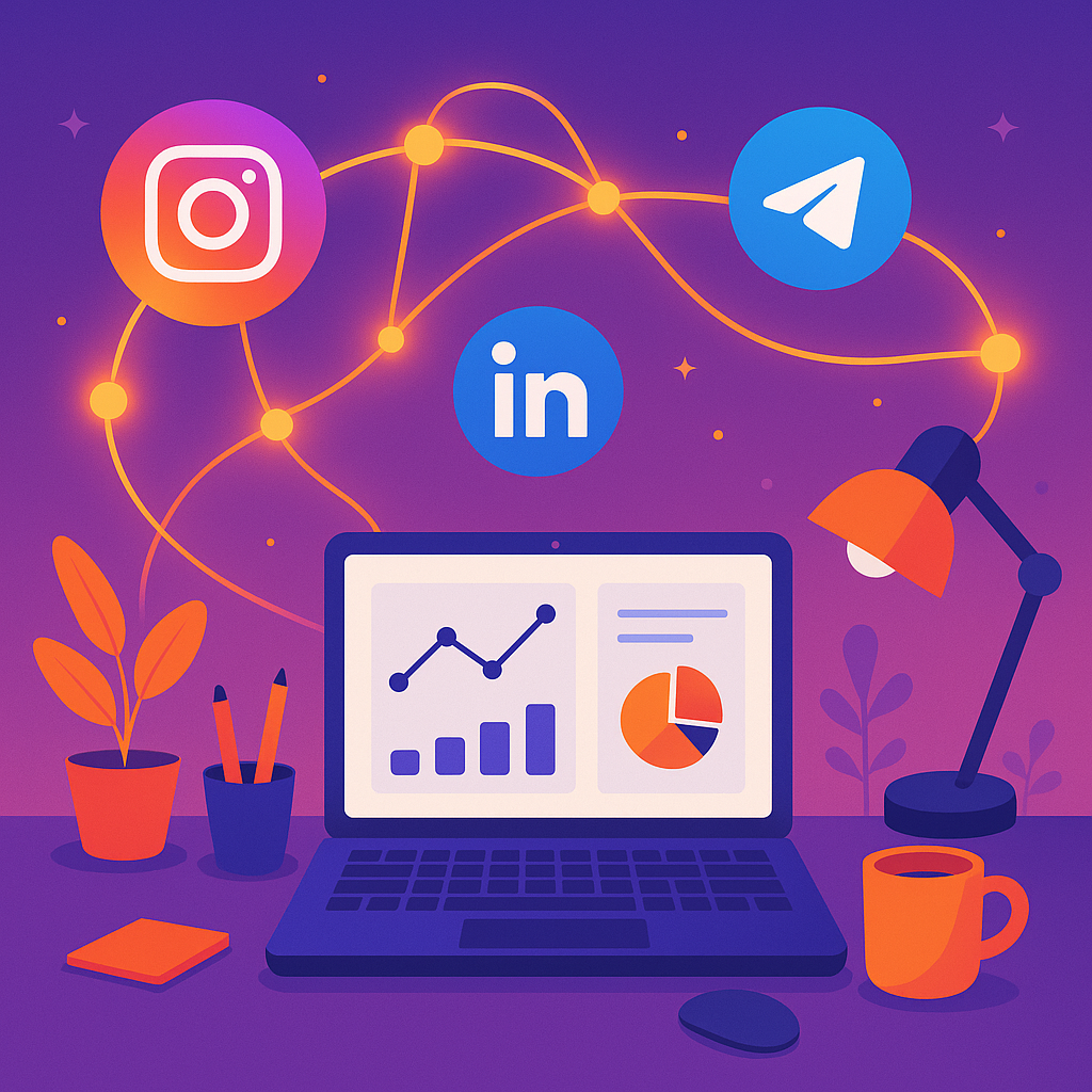 میز کار دیجیتال با لپ‌تاپ نمایش‌دهنده نمودارهای رشد بازاریابی شبکه‌های اجتماعی؛ لوگوهای اینستاگرام، لینکدین و تلگرام در پس‌زمینه، نماد تولید محتوا و تحلیل بازدهی کمپین‌ها.