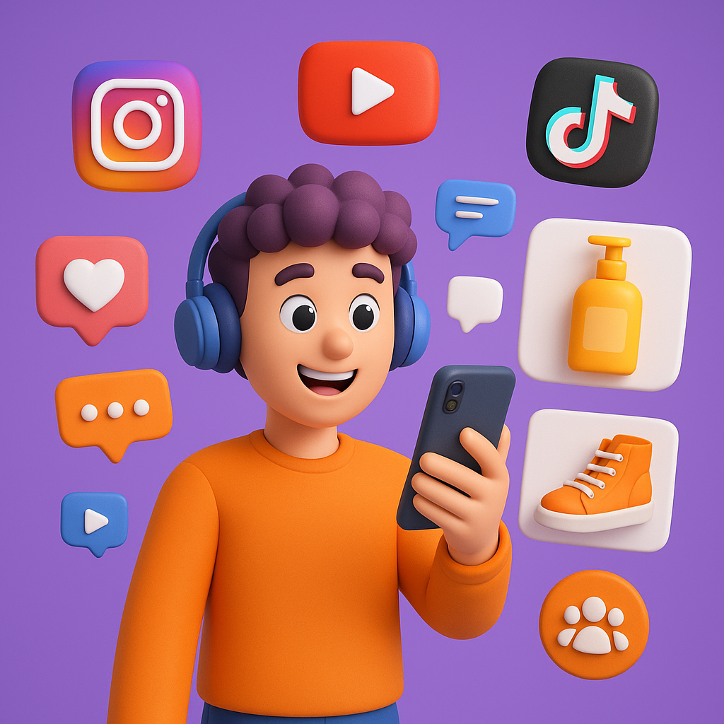 تصویر سه‌بعدی اینفلوئنسر در حال استفاده از تلفن‌همراه با آیکون‌های اینستاگرام، یوتیوب، تیک‌تاک و عناصر مرتبط با سبک زندگی و خرید آنلاین